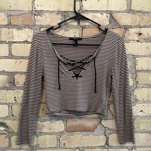 Forever 21 Striped Crisscross Neck Long Sleeve Crop Top Sz L